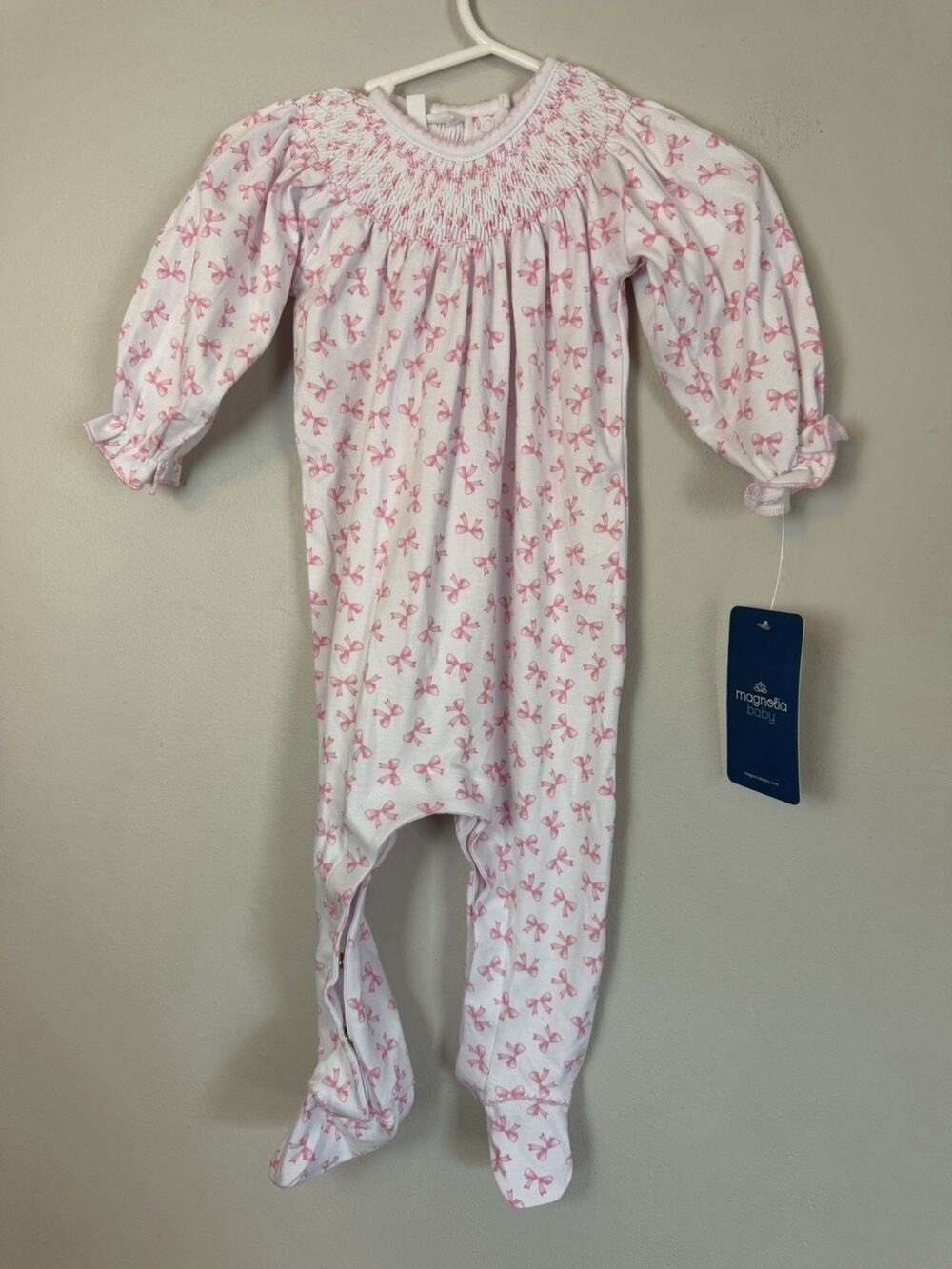 Magnolia Baby Smocked Bishop Style Long Sleeve Bow Romper 6 Months NWT $62
